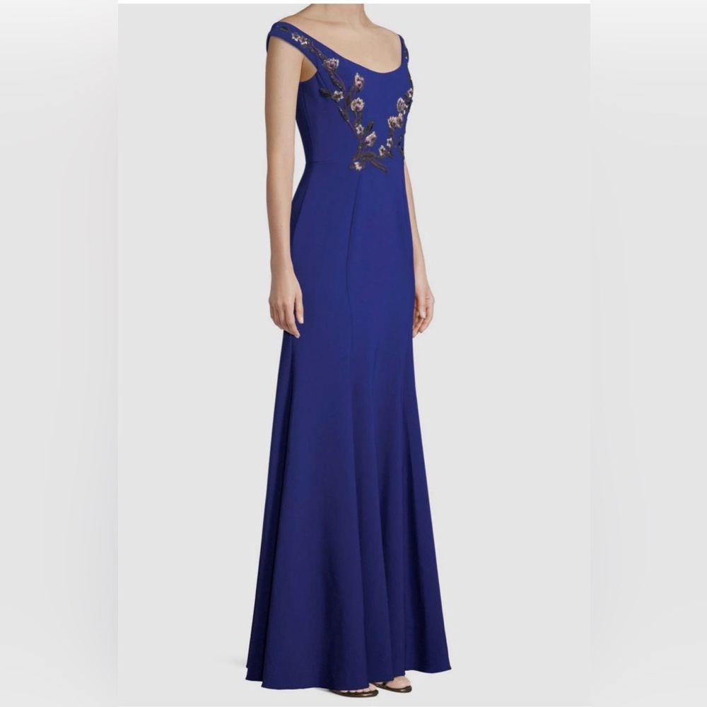 Marchesa Notte Blue Floral Embroidered Long Formal Evening Gown Dress - Picture 3 of 17